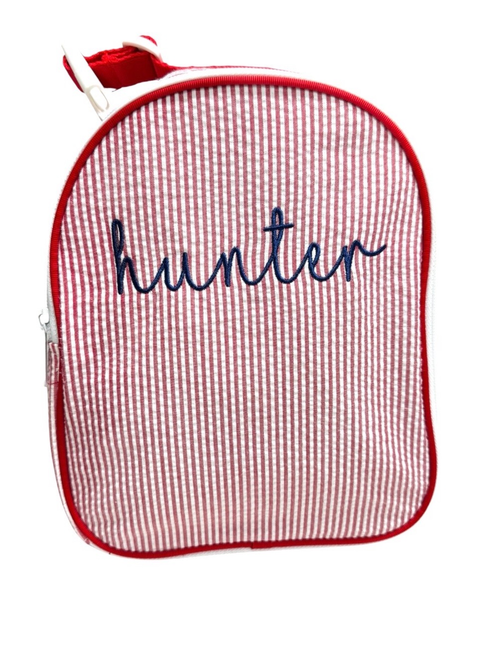 Red Stripe Seersucker Lunch Bag with Navy (Hunter) Monogram